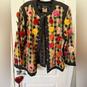 Vintage 1980s Gene Ewing BIS Flower Topped Denim Jacket Size 2X